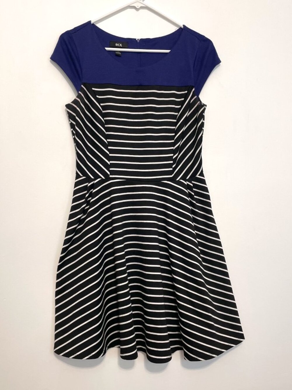 BCX Black White Indigo Colorblock Striped Cap Sleeve Fit & Flare Dress JUNIORS 7